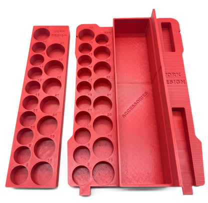 Detailed view of the M12 Ratchet Insert compatible with Milwaukee Packout, showcasing organization slots for various socket sizes and accessories.