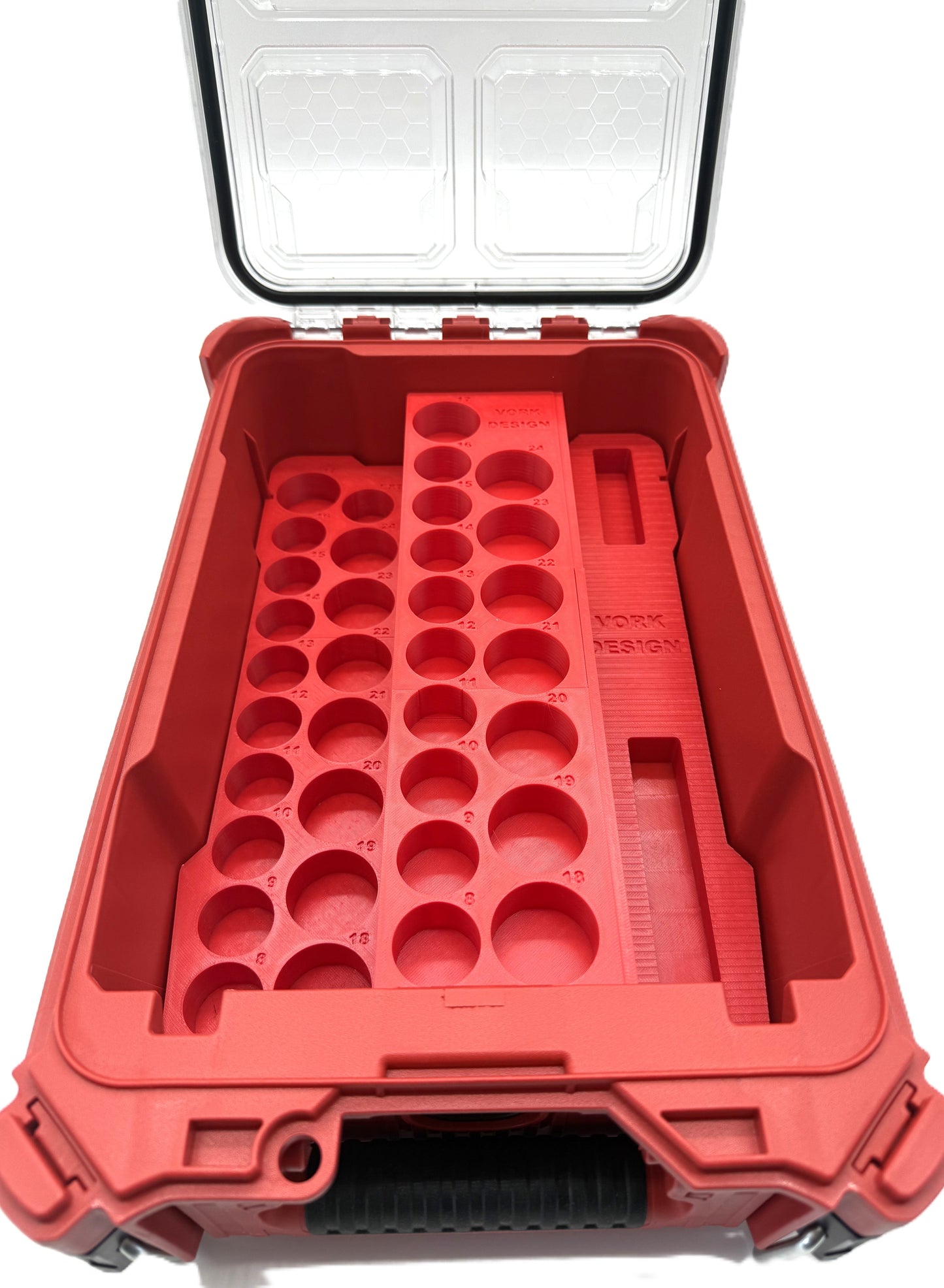 Inside view of a Milwaukee Packout Box model #48228435 with Precision Packout Insert for M12 Ratchet – USA 2557-20 / AUS/UK M12FIR38 securely holding tools in place.