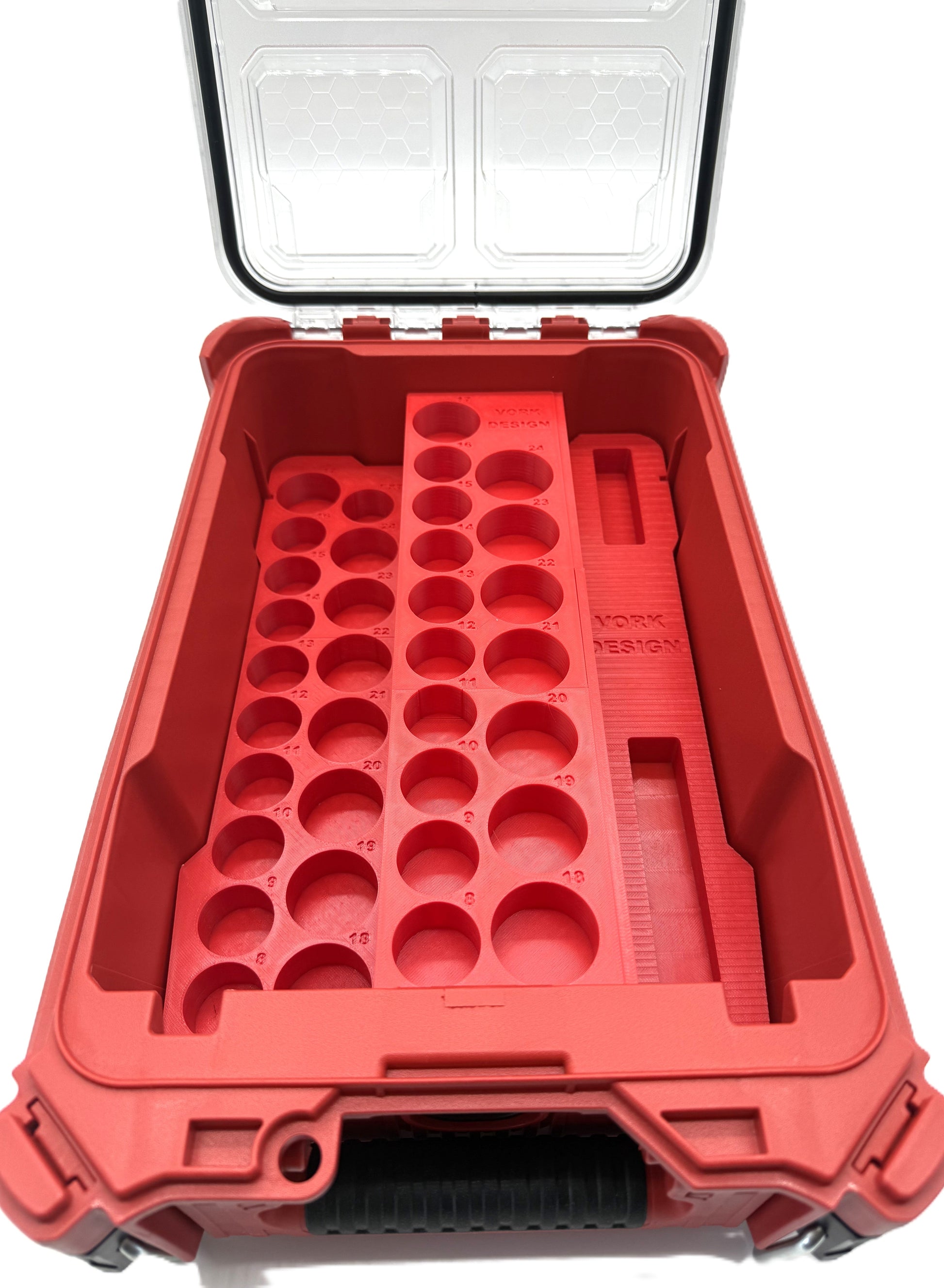 Inside view of a Milwaukee Packout Box model #48228435 with Precision Packout Insert for M12 Ratchet – USA 2557-20 / AUS/UK M12FIR38 securely holding tools in place.