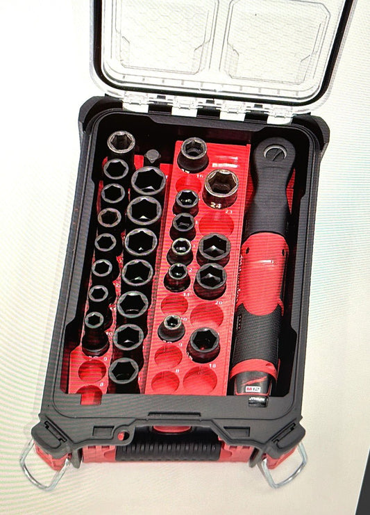 M12 Ratchet Insert compatible with Milwaukee Packout, featuring organized sockets and tools for USA 2557-20 and AUS/UK M12FIR38, stored in a durable Packout box.